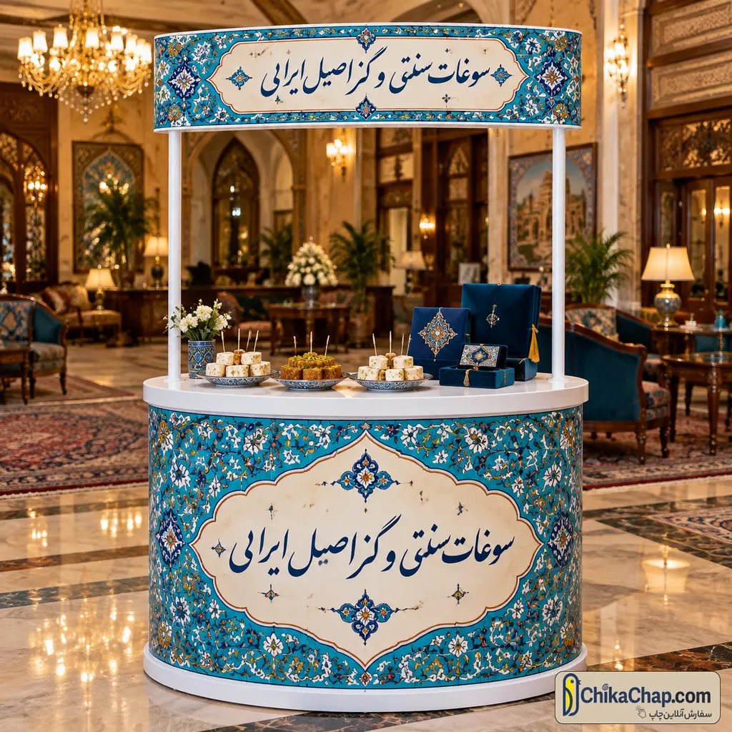 میز پذیرایی و معرفی سوغات و شیرینی سنتی با چاپ استیکر طرح سنتی و تابلوی هدایتگر